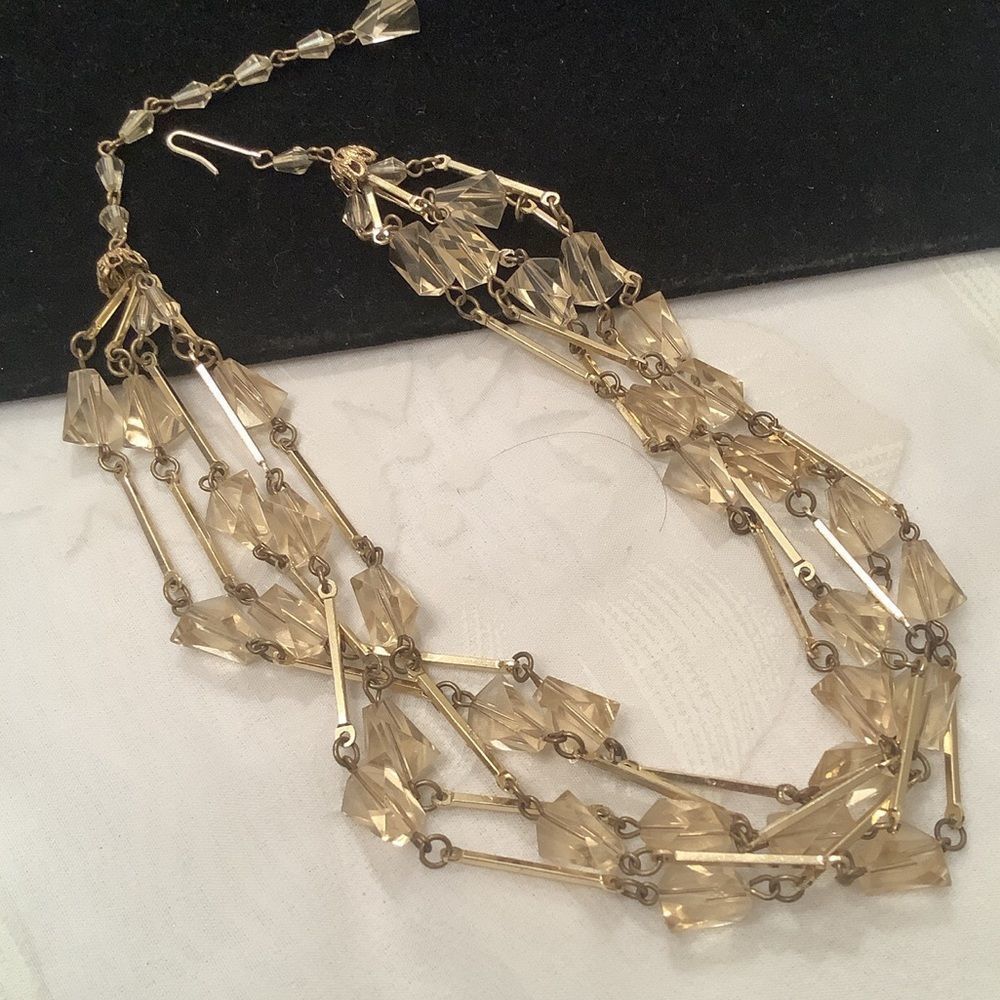 Vintage Gold Tone Multi Strand Crystal Necklace